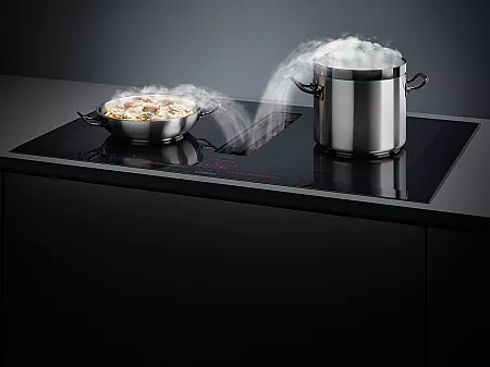 Das vario-Induktionskochfeld passt sich flexibel an das Kochgeschirr an, der Kochfeldabzug saugt den Kochdunst effektiv ab.