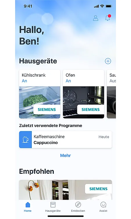 Homescreen der Home Connect App