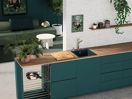 Grüne Küche mit SCHOCK Granitspüle in der Farbe Ivy