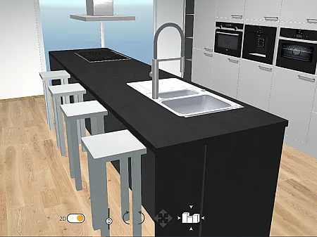 Kücheninsel mit verlängerter Arbeitsplatte geplant im Onlineplaner