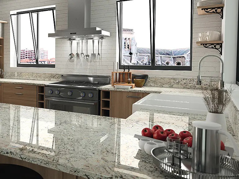 Dunstabzugshauben: Abluft bei Gasherden - Cosentino Naturstein Arbeitsplatte ICE Blue