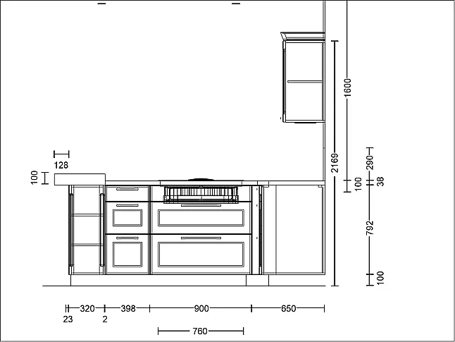 moderne Landhausküche T- Form mit 3 Stauraum/ Gerätehochschränken, inkl. Quooker + Cube