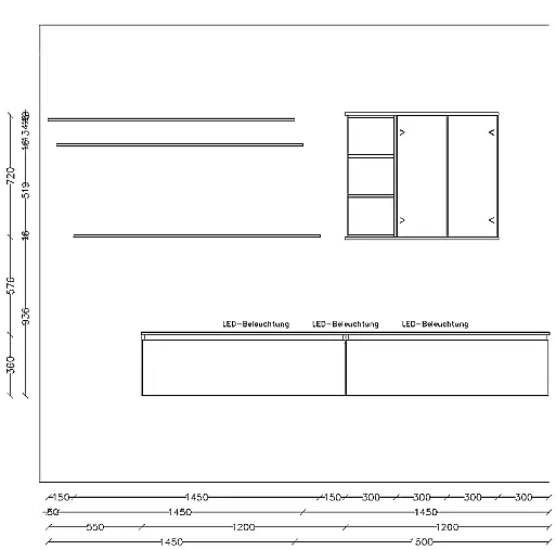 Exklusive Anbauwand / Mediawand mit Couchtisch - Facettenborde und LED-Beleuchtung
