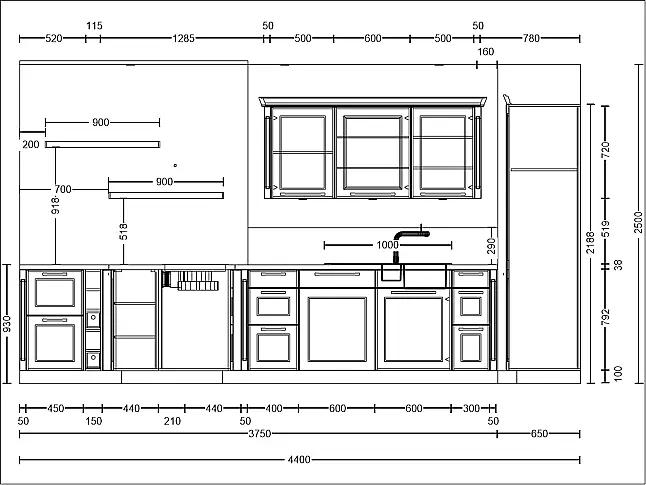 moderne Landhausküche T- Form mit 3 Stauraum/ Gerätehochschränken, inkl. Quooker + Cube