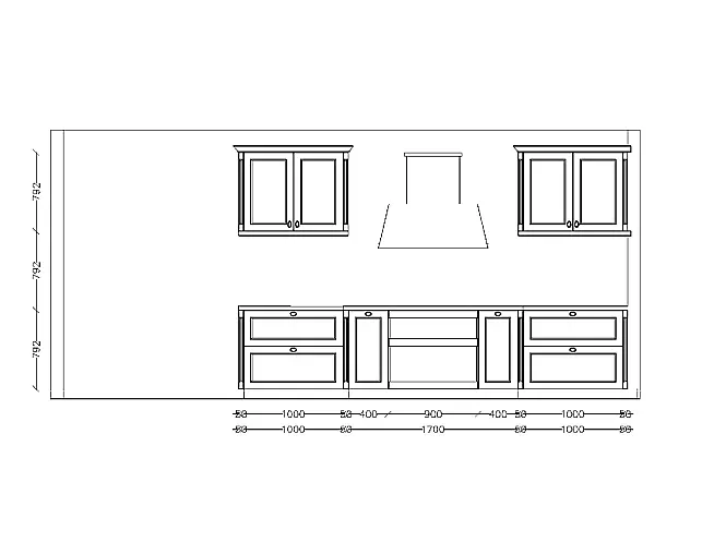Exklusive Messeküche - Luxus pur - 3 Seiten - Landhaus Fjordblau - LED-Beleuchtungen - LED-Relingsystem - Tisch mit 4 Stühlen