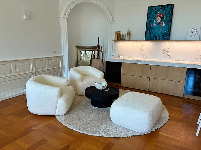Design-Champagner-Bar | Ballerina Echtholzfurnier &amp; Lichtkonzept I Dekton marmoriert