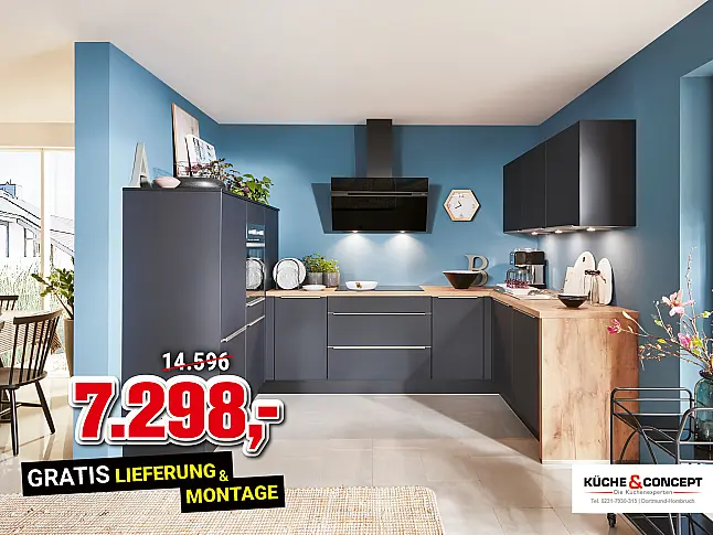 Moderne U-Küche in Gafitschwarz matt