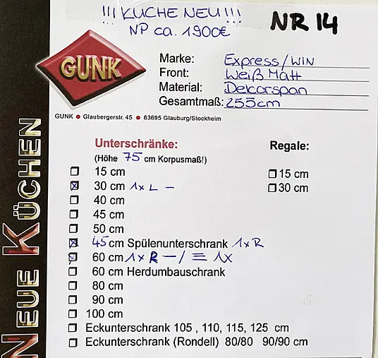 Küchenzeile  /Front  Weiß Matt/ Express Nr.14 / Ausstellungsküche