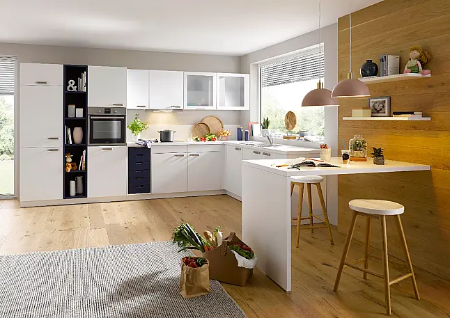 Pflegeleichte L-Küche Lacklaminat Kristallweiß Nordic Style