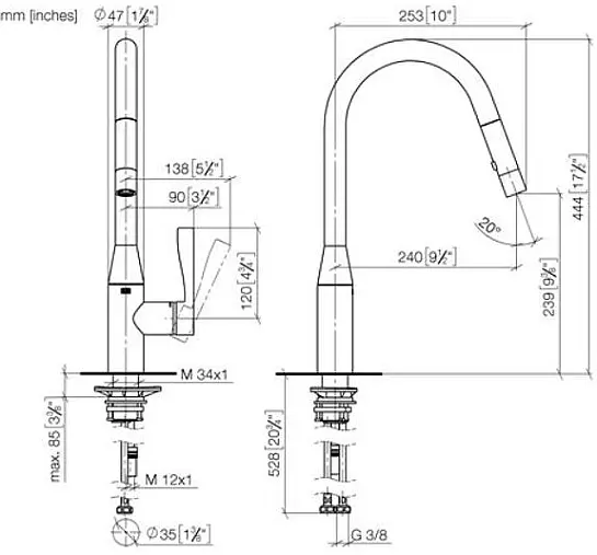 Einhebelmischer Pull-down in chrom mit Brausefunkion