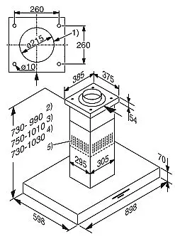 automatisch höhenverstellbare Inselhaube, Edelstahl, 898mm Breite