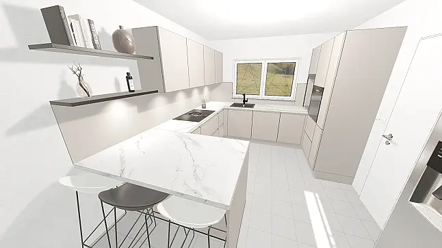 Sand Fronten mit Marmor Venato Bianco Arbeitsplatte
