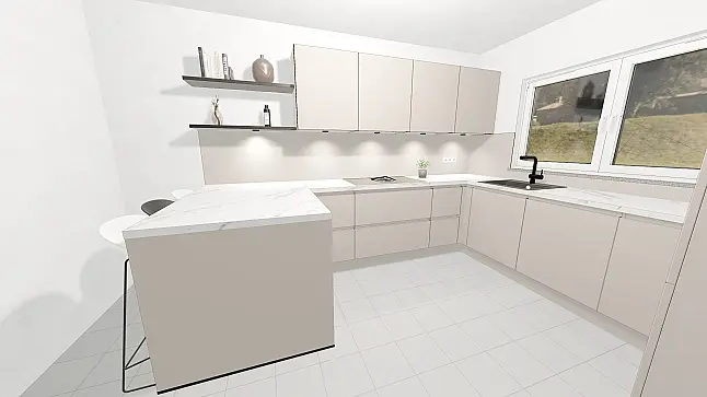 Sand Fronten mit Marmor Venato Bianco Arbeitsplatte