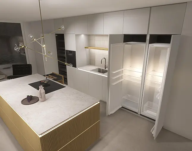 Luxusküche von Häcker inkl. Montage*. Funierte Rillenfront. Keramik von Neolith.