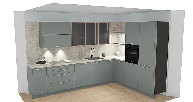 Moderne Winkelküche Eukalyptus mit Bronze-Details &amp; Designbeleuchtung