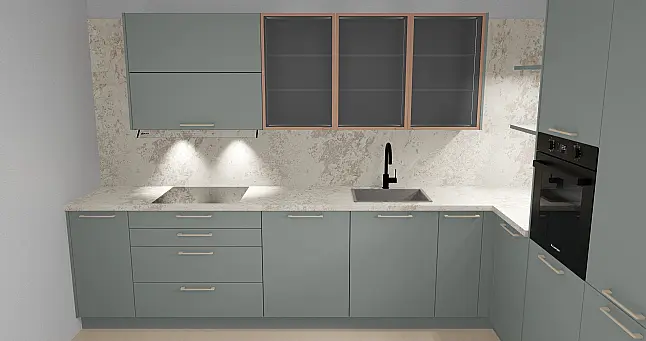 Moderne Winkelküche Eukalyptus mit Bronze-Details &amp; Designbeleuchtung