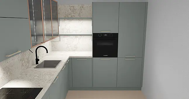 Moderne Winkelküche Eukalyptus mit Bronze-Details &amp; Designbeleuchtung