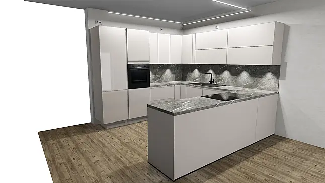 Moderne U-Küche mit Arbeitsplatte in Marmor Teramo Nachbildung