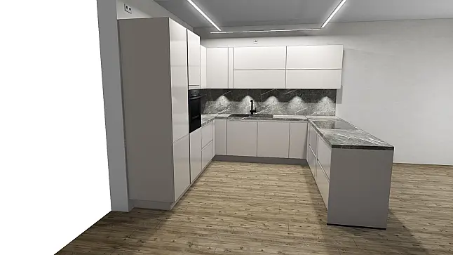 Moderne U-Küche mit Arbeitsplatte in Marmor Teramo Nachbildung