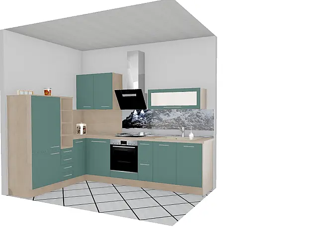 moderne L-Küche in Aqua matt und hellem Holz (Nr. 1)