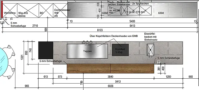 Traumküche in  schwarz samtmatt ink. V-ZUG , Beton , Stahl , Eiche , Tepan Yaki