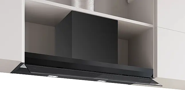 Integrierte Designhaube 90 cm Klarglas schwarz bedruckt, Mattschwarz