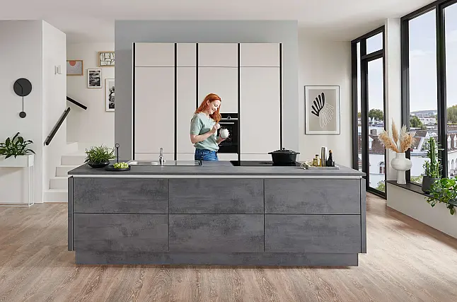 Küche YURI mit Insel &amp; Muldenlüfter BETON OPTIK | EXTREM PREISWERT | sofort planbar