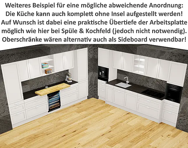 AUCH DIE GERÄTEAUSSTATTUNG IST TRAUMHAFT: Top Kombidampfbackofen, Einbau-Kaffeeautomat, Wärmeschublade, NoFrost-Gefrierer, 2-Zonen-Weinkühler, berbel Performance-Muldenlüfter mit permalyt-Filter. FLEXIBEL AUFSTELLBAR! Upgrade Blanco-Wassersystem möglich!