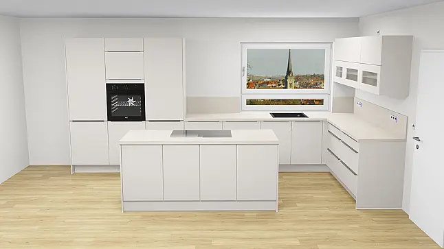 Moderne L-Küche mit Kochinsel, Muldenlüfter und AEG Elektrogeräten