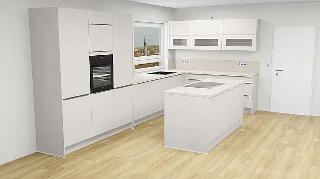 Moderne L-Küche mit Kochinsel, Muldenlüfter und AEG Elektrogeräten