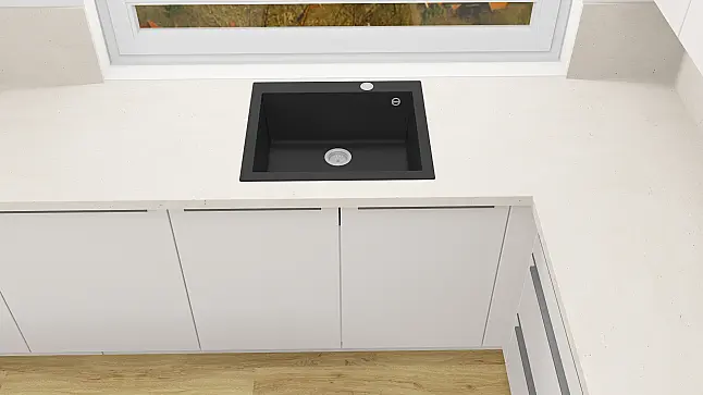 Moderne L-Küche mit Kochinsel, Muldenlüfter und AEG Elektrogeräten