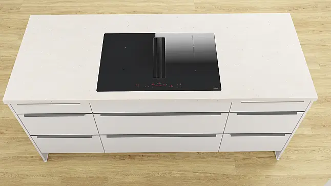 Moderne L-Küche mit Kochinsel, Muldenlüfter und AEG Elektrogeräten