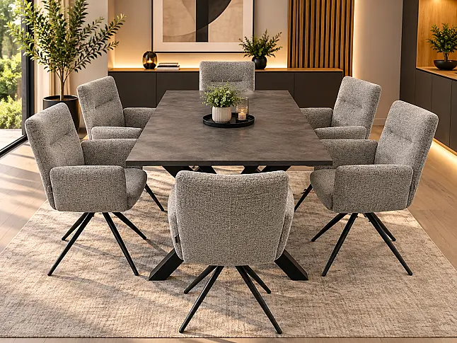 Esszimmer Set mit Tisch in anthrazit zement + 6 Stühle Armlehne