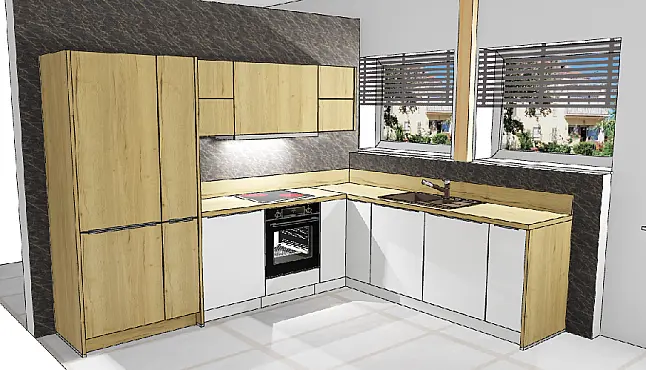 Modell „ArtWood“ in Eiche Ventura mit griffloser Quarzgrau-Optik und hochwertiger Bosch-Ausstattung