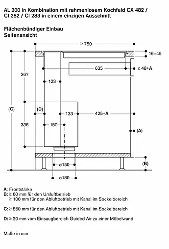 Gaggenau AL200180 Serie 200, Tischlüftung, 80 cm, flächenbündiger Einbau