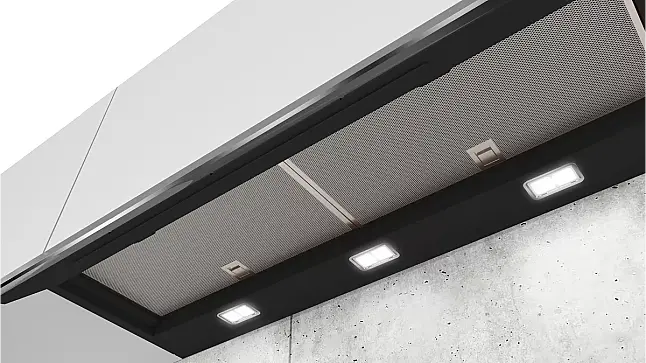 iQ500, Integrierte Designhaube, 90 cm, Klarglas schwarz bedruckt