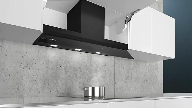 iQ500, Integrierte Designhaube, 90 cm, Klarglas schwarz bedruckt