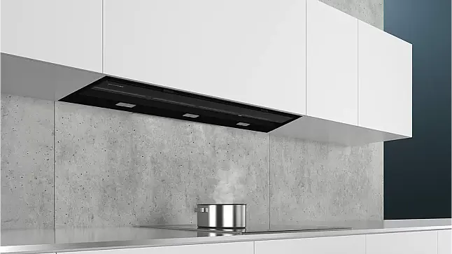 iQ500, Integrierte Designhaube, 90 cm, Klarglas schwarz bedruckt