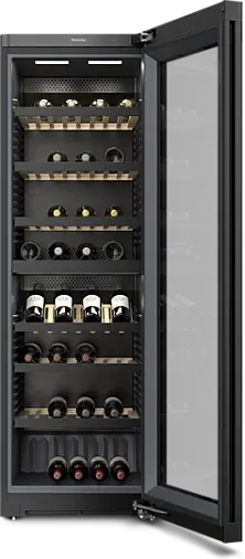 Stand-Weintemperierschrank mit PresenterFrame, zwei seperaten Temperaturzonen und ActiveHumidity.
