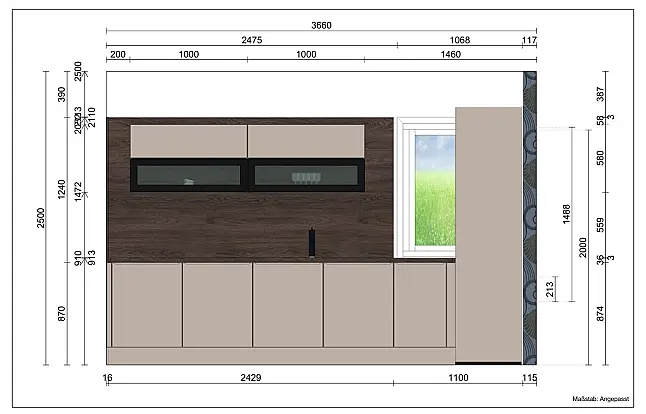 moderne Einbauküche in L-Form und Kochinsel