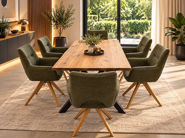 Esszimmer Set mit Tisch in Wildeiche geölt + 6 Stühle Stoff grün