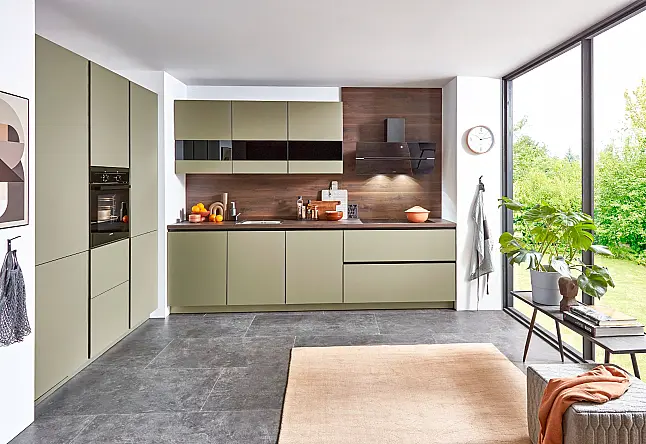 012604  Grifflose Küchenkombination mit Lackfronten Olive Premium matt