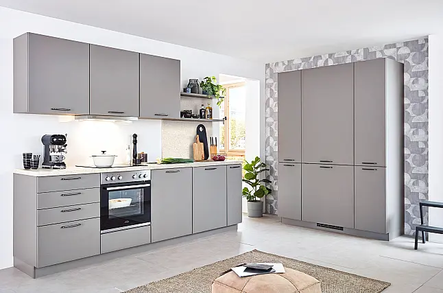 072605 - Moderne Küchenkombination mit Fronten in Taupegrau / Arbeitsplatte in Terrazzo Weiß Nachbildung
