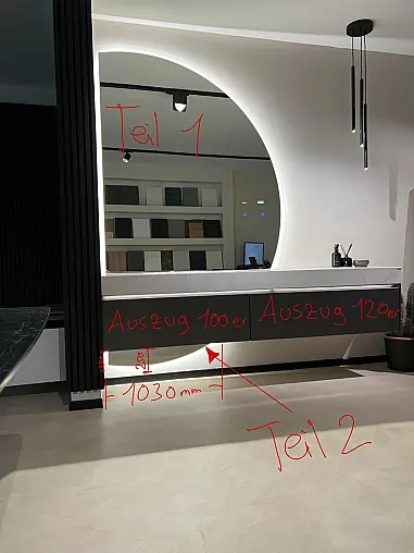 Designer-Badmöbel Set Nobilia Artis Titan + Silestone Calacatta Gold Waschtisch + Designerspiegel mit Bluetooth