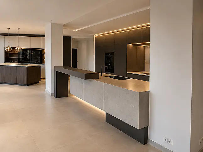 Designküche mit einzigartiger schwebenden Insel incl. massiver Edelstahl-Arbeitsplatte