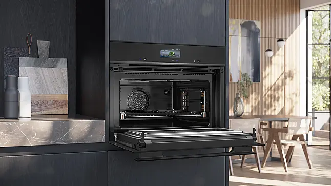 Siemens iQ700, Einbau-Kompaktbackofen mit Mikrowellenfunktion, 60 x 45 cm, Schwarz, Edelstahl CM976GMB1 (Lager/NB)