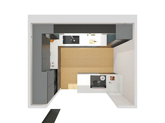 Moderne L-Küche mit Kochblock
