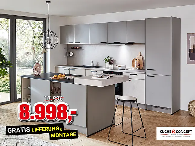 Moderne Einbauküche mit Insel in Lacklaminat Taupegrau ultramatt