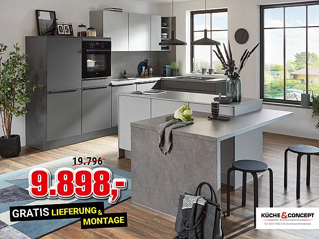 Moderne Einbauküche in Lacklaminat Schiefergrau