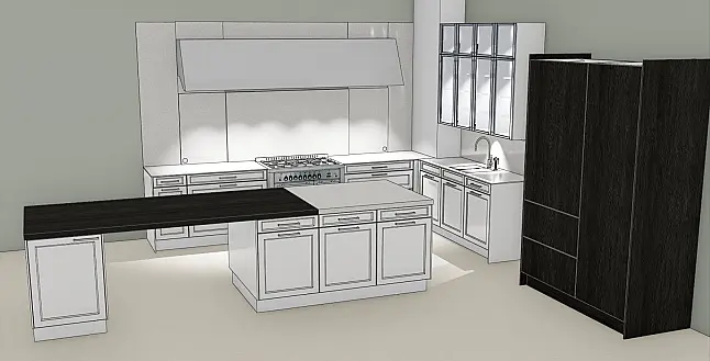 Exklusive, elegante, weiße Hochglanz-Küche von SieMatic mit Insel + Virtinen + Bartheke